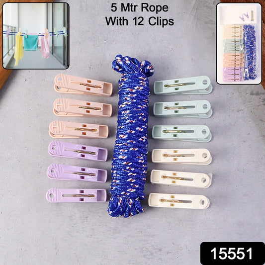 Clothesline Rope 12 Clips β 5 Meter Approx Heavy Duty Laundry Drying Rope with Clip