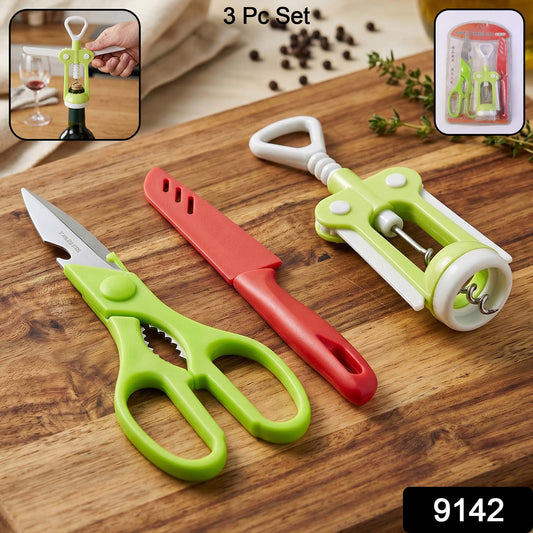 3 Pc Set Kitchen Tool Kit β Wine Bottle Opener, Knife, and Scissors Set
